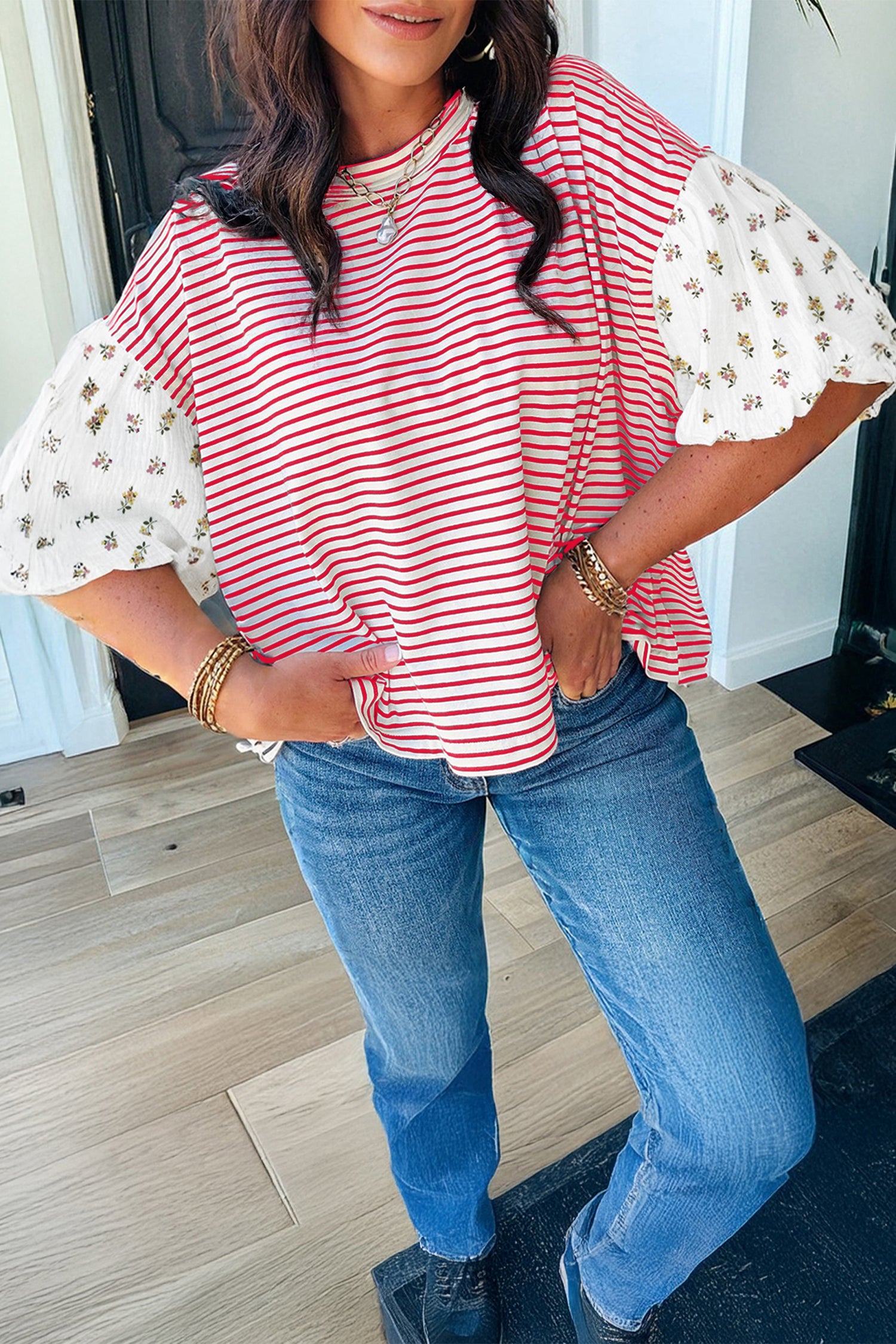Black Stripe Floral Puff Sleeve Patchwork Round Neck Loose Top