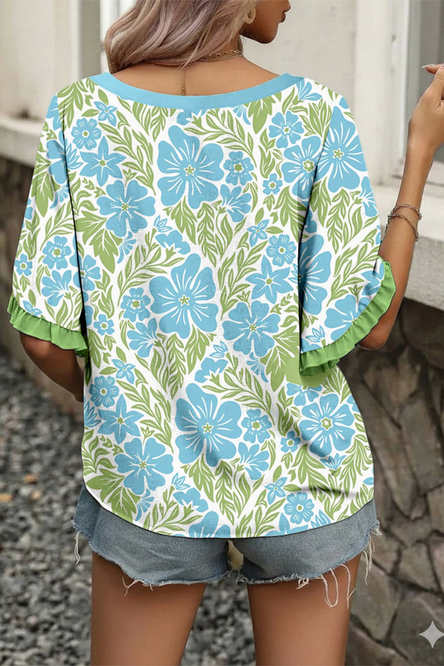 Purple Floral Print Ruffled Color Block Trim Half Sleeve Blouse