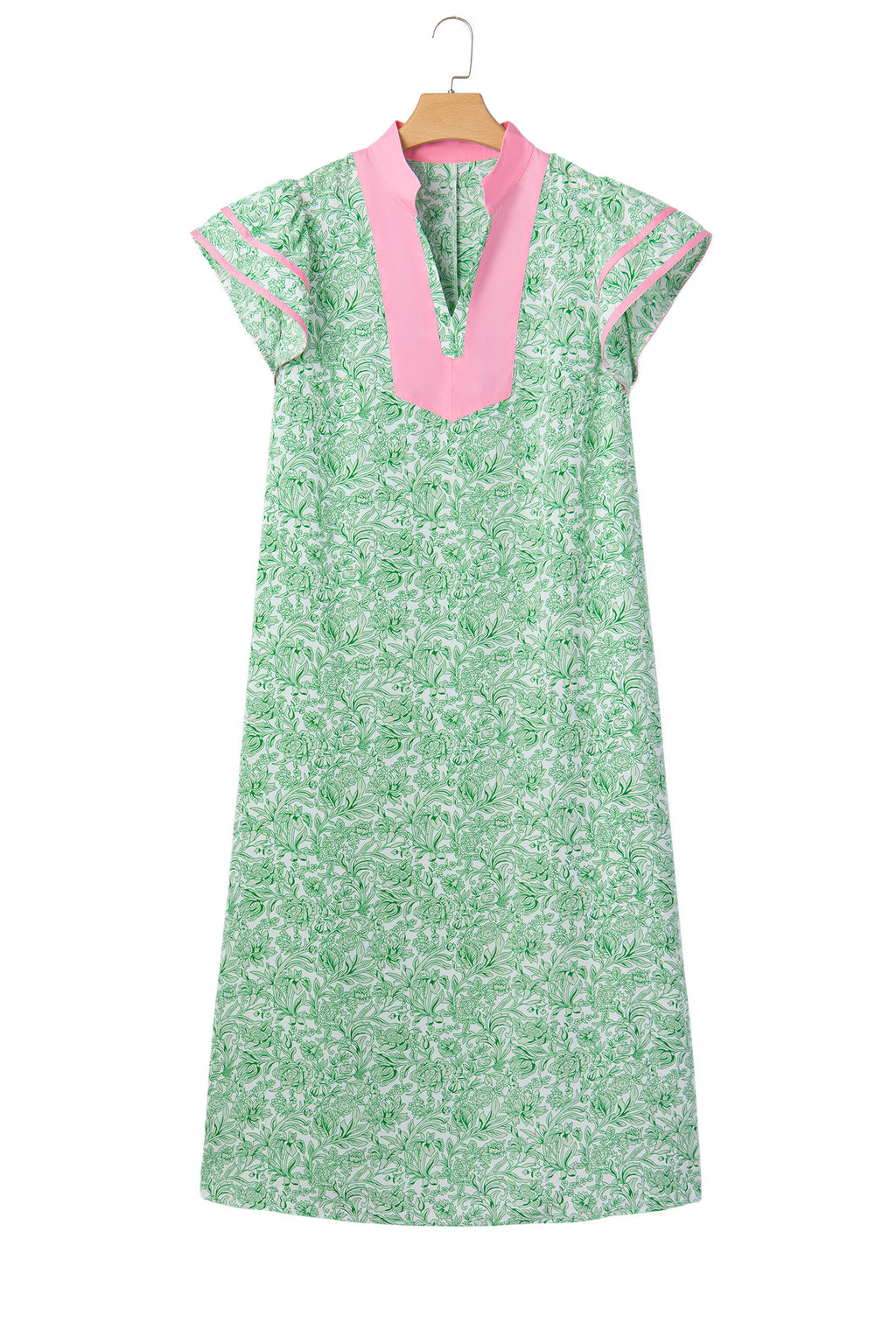 Green Plus Size Contrast Trim Flutter Sleeve Floral Kaftan Maxi Dress