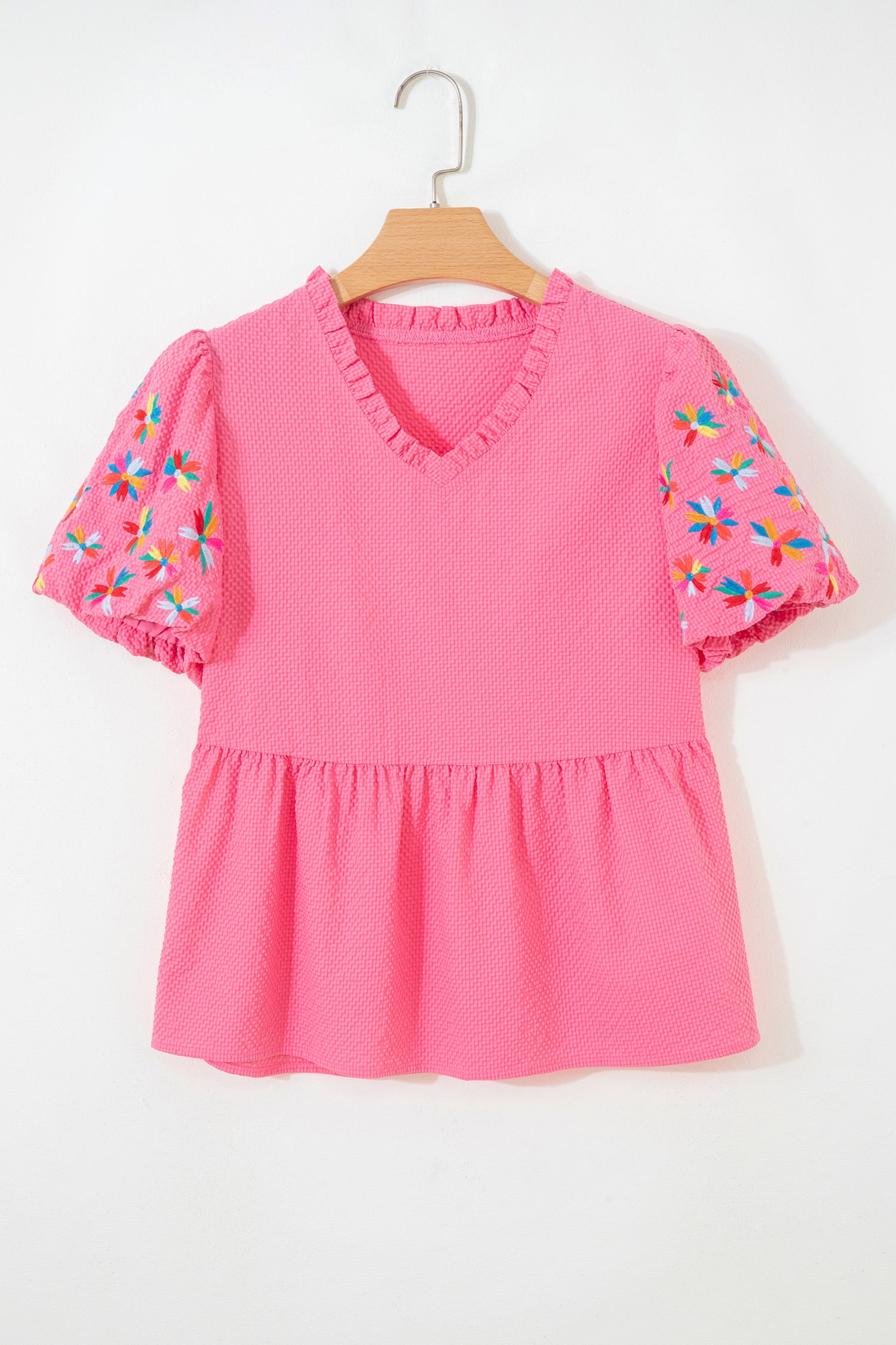 Sachet Pink Frilled V Neck Flower Embroidered Puff Sleeve Textured Blouse