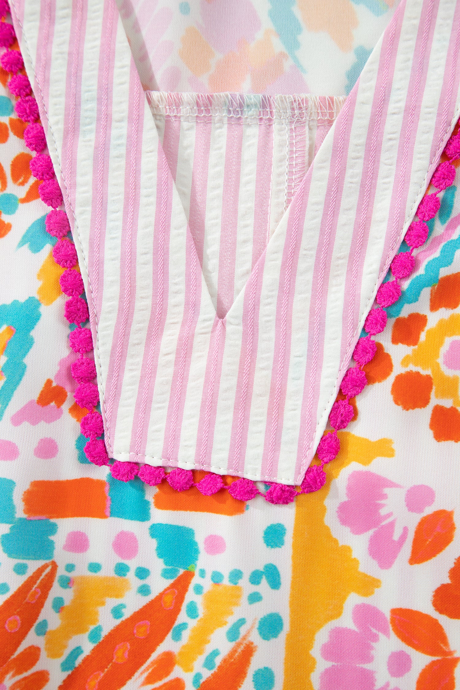 Rose Plus Size Geometric Print Contrast Trim Striped V Neck Blouse