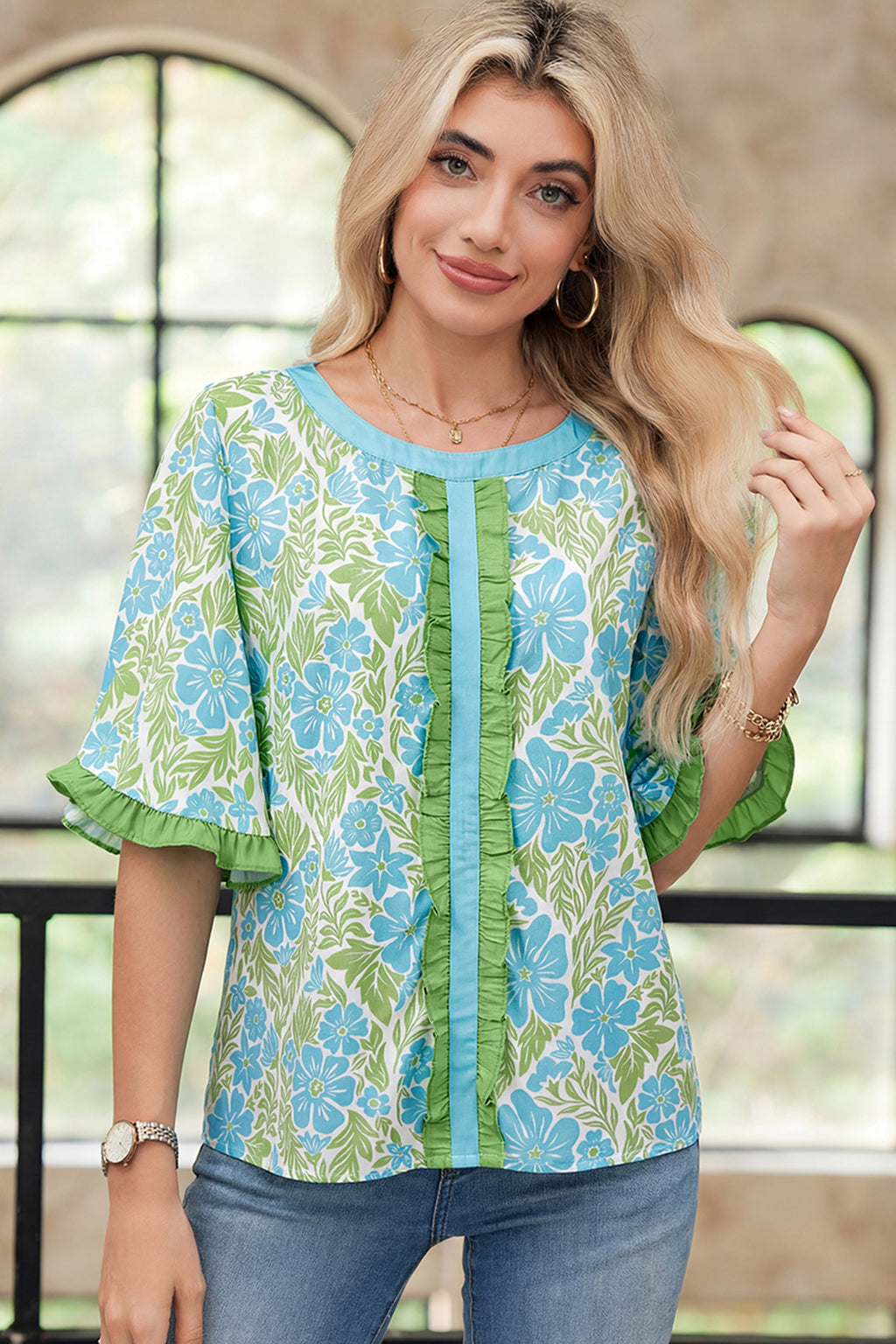 Purple Floral Print Ruffled Color Block Trim Half Sleeve Blouse