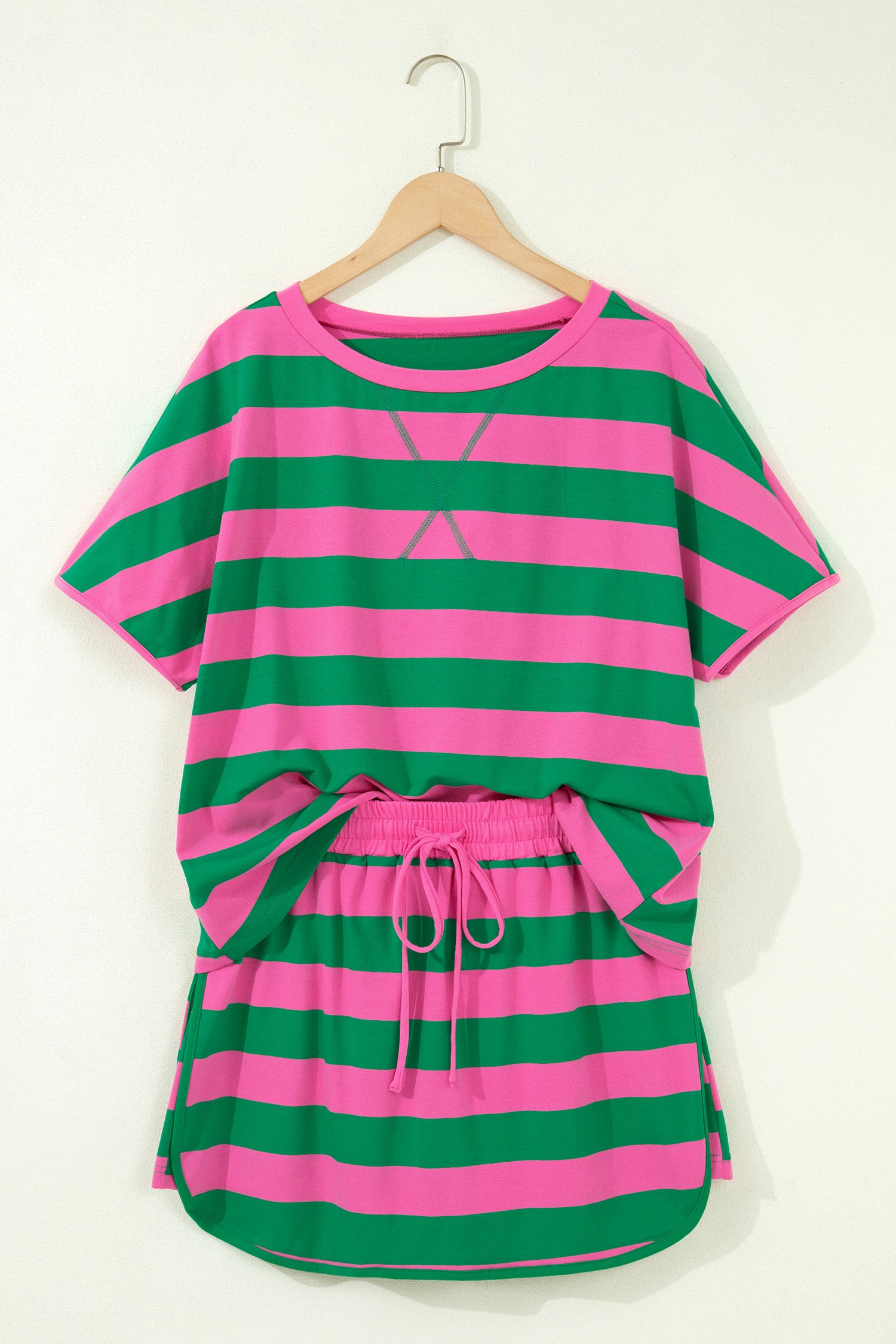 Pink Stripe Dolman Tee Drawstring Skort Athletic 2pcs Set
