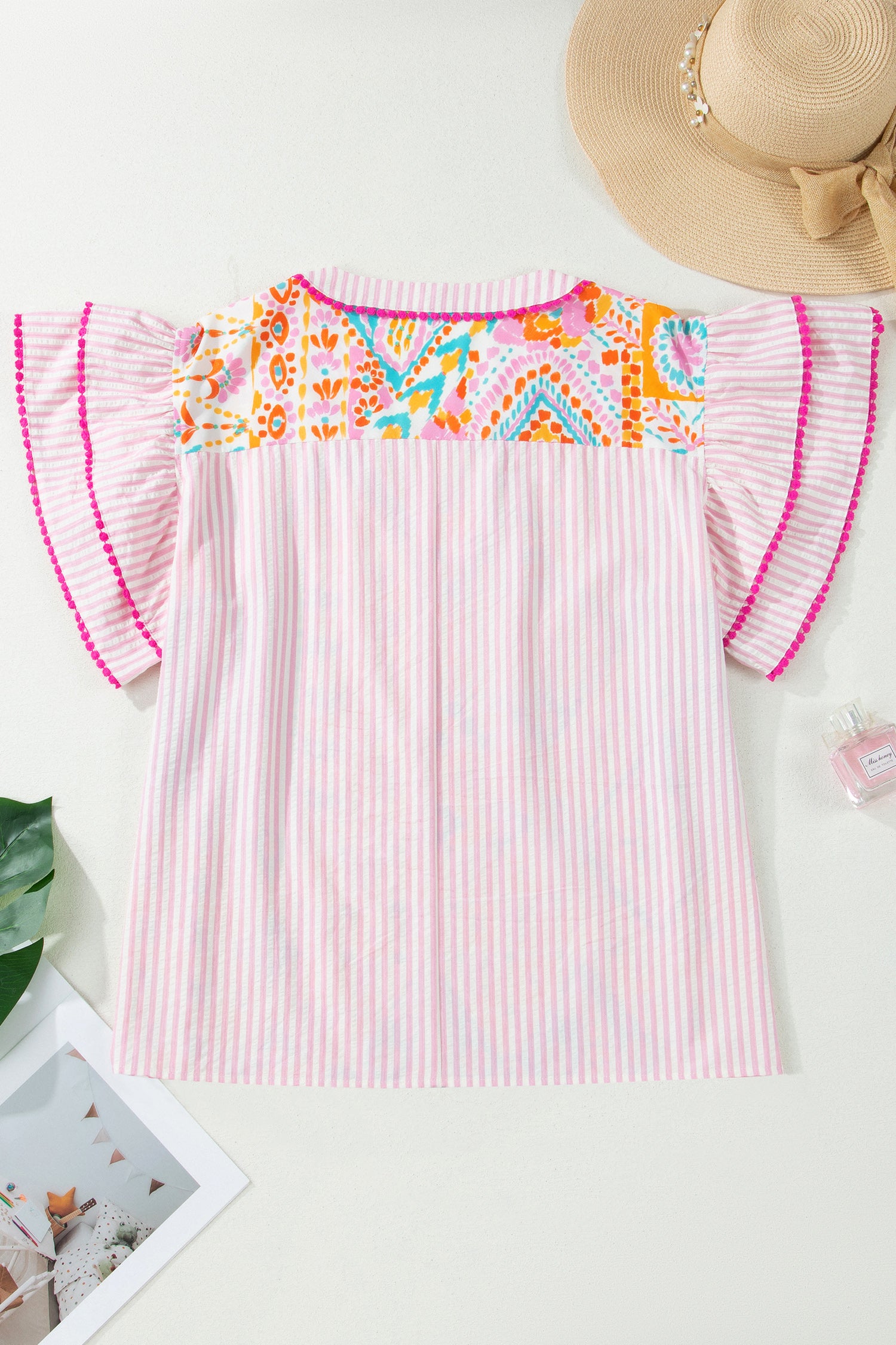 Rose Plus Size Geometric Print Contrast Trim Striped V Neck Blouse