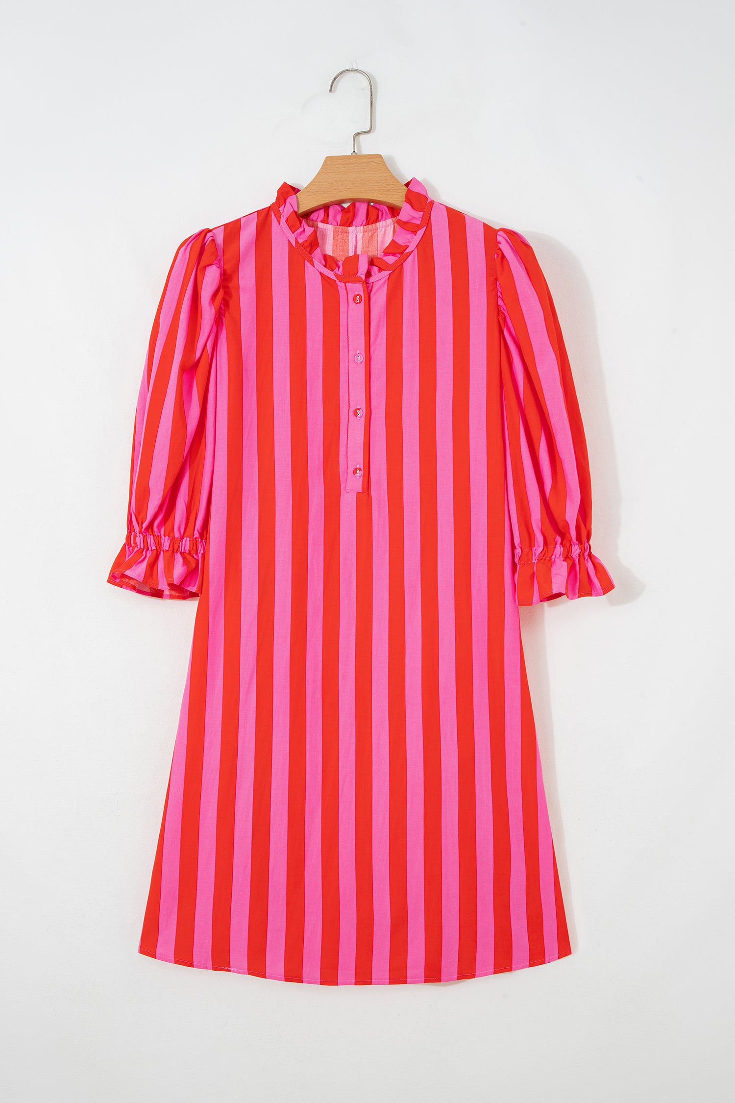 Red Stripe Half Button Puff Sleeve Loose Mini Dress