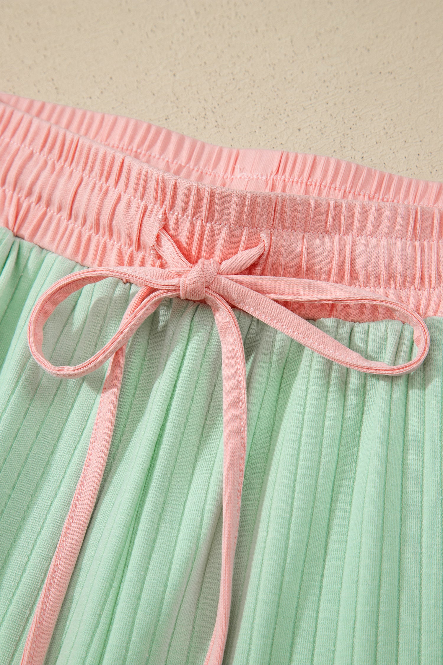 Sachet Pink Soft Ribbed Color Block Trim Casual Short Set