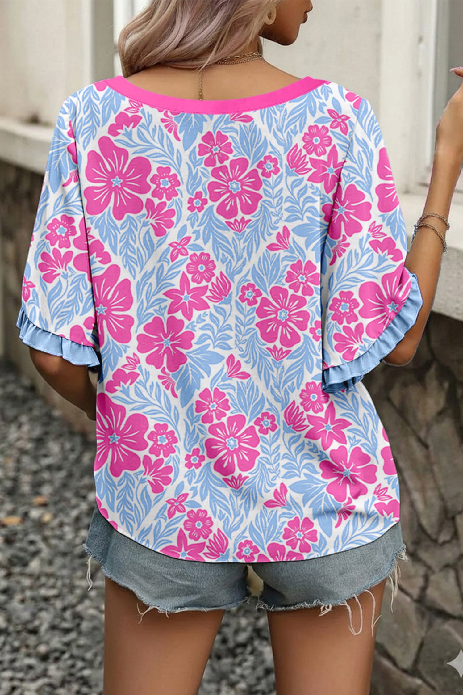 Purple Floral Print Ruffled Color Block Trim Half Sleeve Blouse
