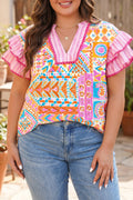 Rose Plus Size Geometric Print Contrast Trim Striped V Neck Blouse
