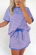 Blue Stripe Loose Short Sleeve Top and Skirt Set