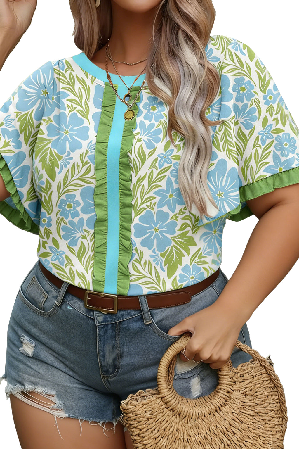 Sky Blue Plus Size Floral Print Frilled Color Block Trim Short Sleeve Blouse