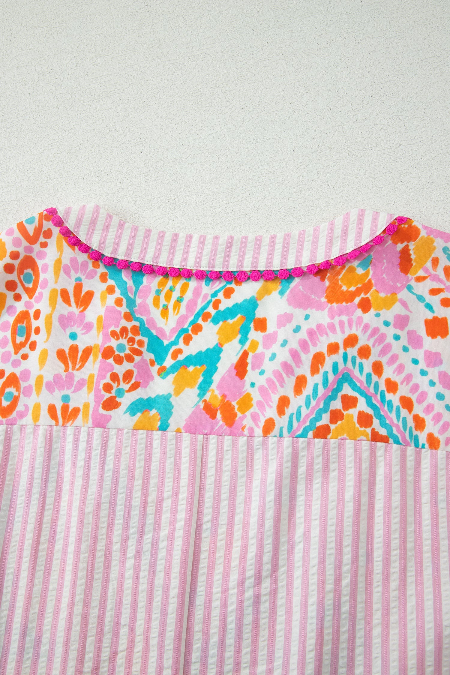 Rose Plus Size Geometric Print Contrast Trim Striped V Neck Blouse